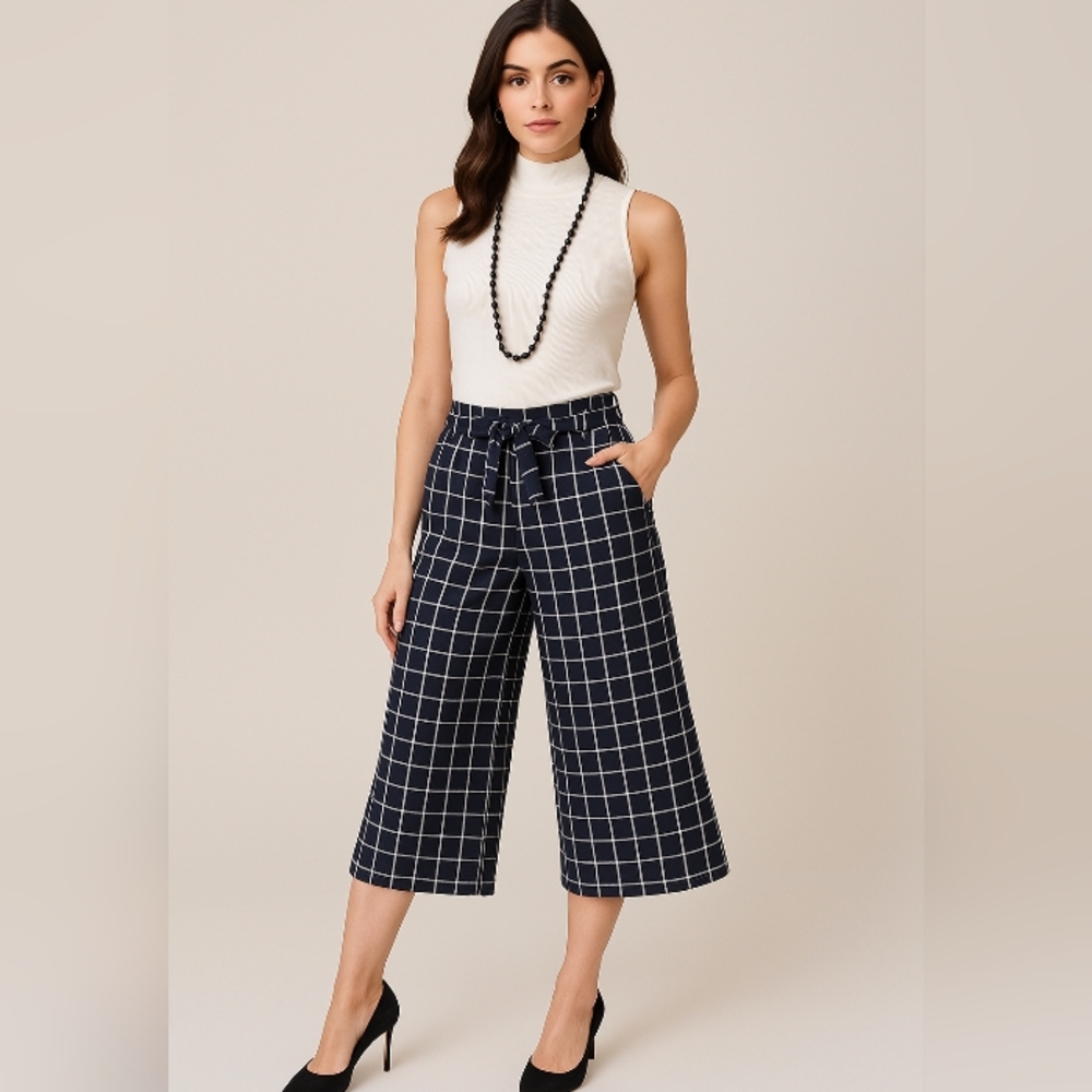 Maison Jules Wide Leg Windowpane Capris Black White 6 - Picture 2 of 12